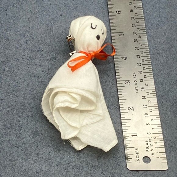 Halloween Ghost Pin Brooch Handmade White Handkerchief Orange Ribbon Cute Spooky - Picture 4 of 9